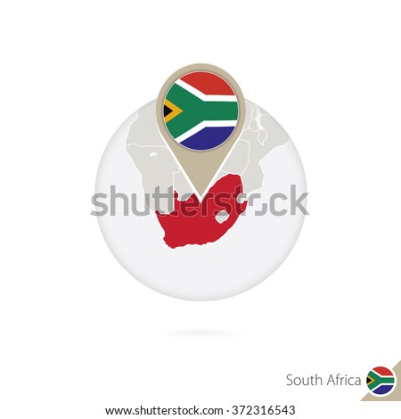 South Africa map and flag in circle. Map of South Africa, South Africa flag pin. Map of South Africa in the style of the globe. Vector Illustration.