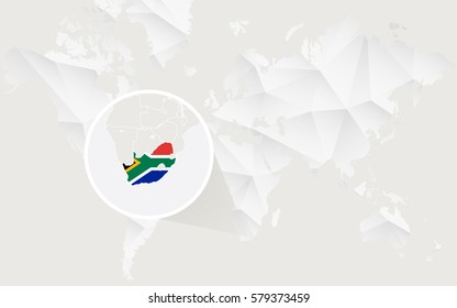 South Africa map with flag in contour on white polygonal World Map. Vector Illustration.