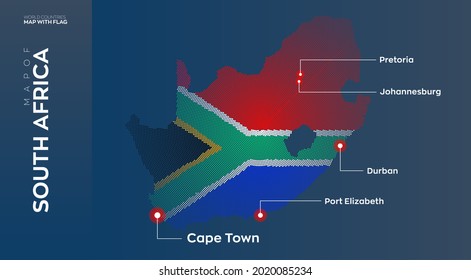 South Africa map with flag info graphic. Abstract vector map of South Africa with capital and major cities. Dots composition map on dark background.
