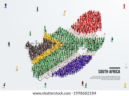 South Africa Map and Flag. A large group of people in the South African flag color form to create the map. Vector Illustration.