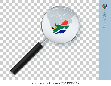 South Africa map with flag in magnifying glass on transparent background. Vector loupe with map.