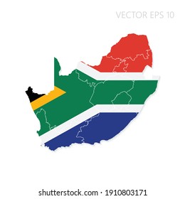 South Africa map with flag and shadow isolated on white background. Vector illustration EPS10.