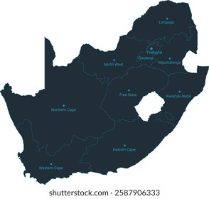 South Africa map high detailed with administrative divide by state, capital cities names, outline simplicity style. Vector illustration EPS10.