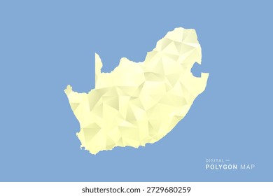 Mapa de Sudáfrica en estilo de Vector de polígono bajo, ilustración de forma geométrica con tonos amarillos suaves sobre fondo azul, silueta limpia para infografía.