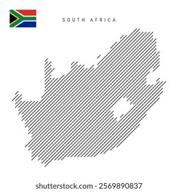 South Africa map from pattern of black slanted parallel lines. RSA map with gray diagonal lines. Silhouette of a country made of oblique hatching. Vector illustration isolated on white.