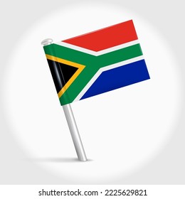 South Africa map pin flag icon. South African pennant map marker on a metal needle. 3D realistic vector illustration.