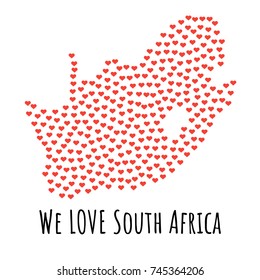 South Africa Map with red hearts- symbol of love. abstract background with text We Love South Africa. vector illustration. Print for t-shirt