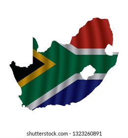 South Africa Map With Rippled Flag On White Illustration. Waving Fabric Flag Map Of South Africa. Map Of Africa. Vector White Background. Vector Illustration Eps10.