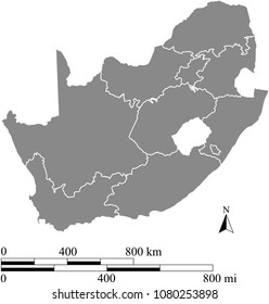 South Africa map vector outline with scales of miles and kilometers and borders of provinces in gray background. South Africa map with mileage and kilometer scales