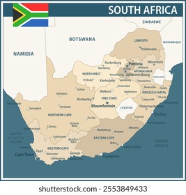 South Africa Map Vector Vintage Dark Blue Beige - Customizable layered political map of South Africa with administrative divisions for website, education, reports, news, politics, print, poster