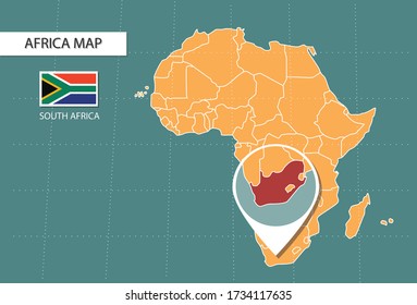 South Africa map in  Africa zoom version, icons showing South Africa location and flags.
