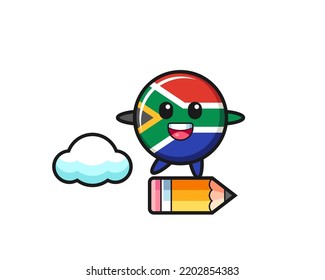 south africa mascot illustration riding on a giant pencil , cute design