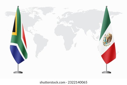 South Africa and Mexico flags for official meeting against background of world map.