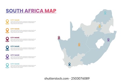 South Africa Modern Map Infographic Template, Detailed infographic map of South Africa Popular City