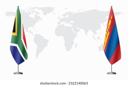 South Africa and Mongolia flags for official meeting against background of world map.