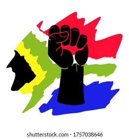 South Africa national flag pattern with clenched fist hands for human rights, leadership, reconciliation concept, and symbol of youth day.