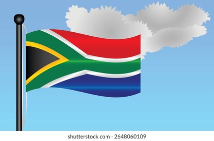 South Africa national flag waving against a bright blue sky. representing national pride, unity, and heritage in Africa with its vibrant colors and iconic design. Patriotic symbol of identity or pride