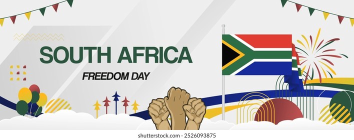 South Africa national freedom day banner with flag. Modern abstract art for national holiday greeting cards, sport and music event posters, newsletters and web headers. Horizontal background
