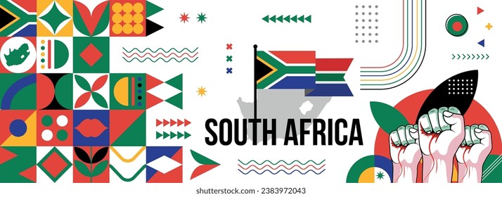 South Africa national or independence day banner for Country celebration. Flag and map of South Africa with raised fists. Modern retro design with typorgaphy abstract geometric icons vector 