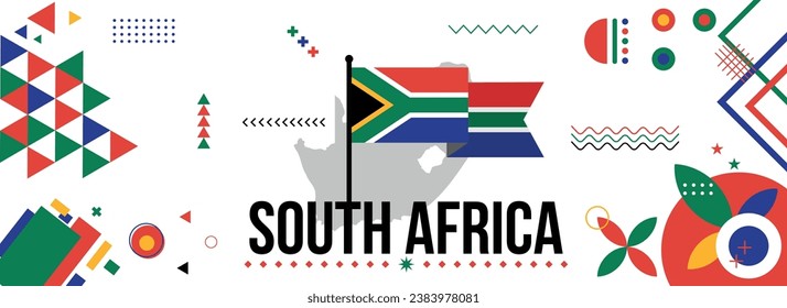 South Africa national or independence day banner design for country celebration. Flag and map of South Africa with modern retro design and abstract geometric icons. Vector illustration