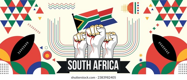 South Africa national or independence day banner for country celebration. Flag of South Africa with raised fists. Modern retro design with abstract geometric icons. Vector illustration.