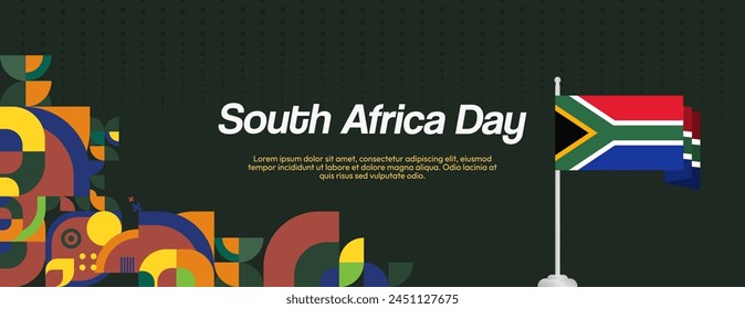 Anuncio del Día de la Independencia Nacional de Sudáfrica. Fondo abstracto geométrico moderno en estilo colorido para el día de Sudáfrica. Cubierta de tarjeta de felicitación de la independencia sudafricana con bandera del país.