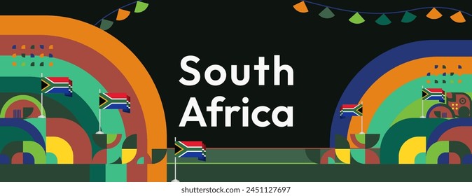 South Africa National Independence Day wide banner. Modern geometric abstract background in colorful style for South Africa day. South African Independence greeting card cover with country flag.