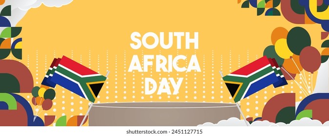 South Africa National Independence Day wide banner. Modern geometric abstract background in colorful style for South Africa day. South African Independence greeting card cover with country flag.