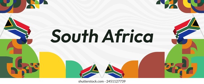 South Africa National Independence Day wide banner. Modern geometric abstract background in colorful style for South Africa day. South African Independence greeting card cover with country flag.