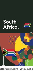 South Africa National Independence Day stand banner. Modern geometric abstract background in colorful style for South Africa day. South African Independence greeting card cover with country flag.