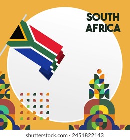 South Africa National Independence Day square banner. Modern geometric abstract background in colorful style for South Africa day. South African Independence greeting card cover with country flag.