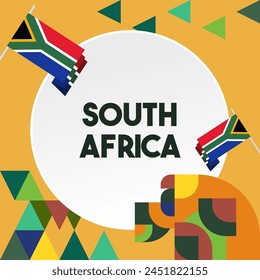 South Africa National Independence Day square banner. Modern geometric abstract background in colorful style for South Africa day. South African Independence greeting card cover with country flag.