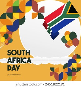 South Africa National Independence Day square banner. Modern geometric abstract background in colorful style for South Africa day. South African Independence greeting card cover with country flag.