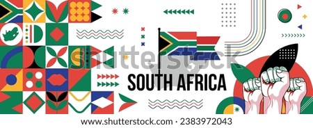 South Africa national or independence day banner for Country celebration. Flag and map of South Africa with raised fists. Modern retro design with typorgaphy abstract geometric icons vector 