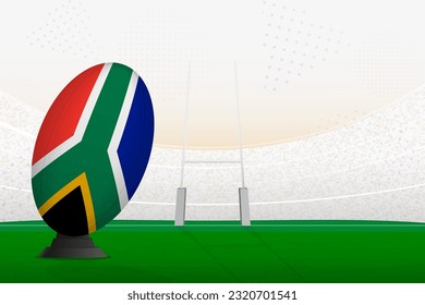 South Africa national team rugby ball on rugby stadium and goal posts, preparing for a penalty or free kick. Vector illustration.