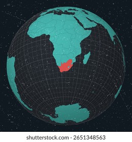 South Africa on Globe. Vintage look with grunge scratched texture. Country view on world map in Dark Charcoal Turquoise color palette. South Africa shape on map. Globe with meridians and parallels.