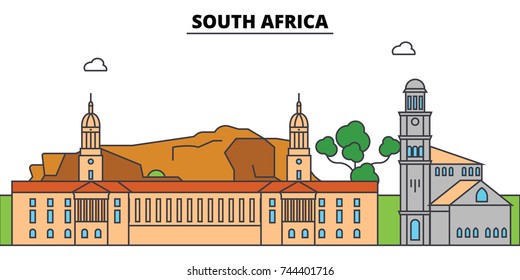 South Africa outline city skyline, linear illustration, banner, travel landmark, buildings silhouette,vector