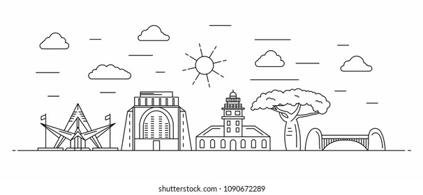 South Africa panorama. South Africa vector illustration in outline style with buildings and city architecture. Welcome to South Africa.