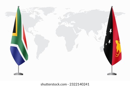 South Africa and Papua New Guinea flags for official meeting against background of world map.