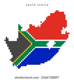 South Africa pixel flag map icon. 8 bit pixel art RSA map covered with flag. Flat vector illustration isolated on white background.