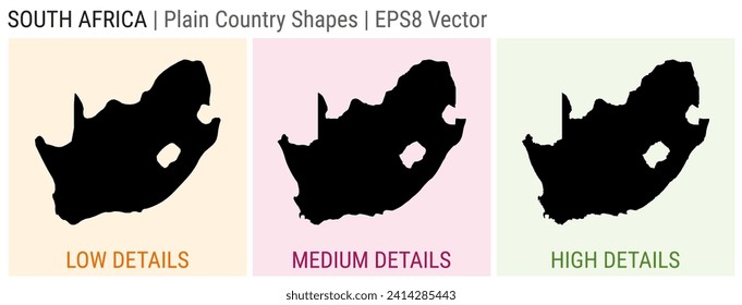 South Africa - plain country shapes. Low, medium, and high detailed maps of South Africa. EPS8 Vector illustration.