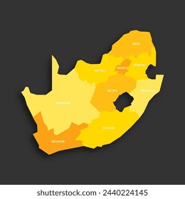 South Africa political map of administrative divisions - provinces. Yellow shade flat vector map with name labels and dropped shadow isolated on dark grey background.