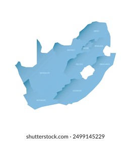 Mapa político de las divisiones administrativas de Sudáfrica - provincias. Mapa de Vector sombreado con degradado azul en 3D y etiquetas de nombre