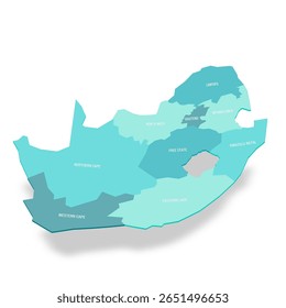 Mapa político de divisões administrativas da África do Sul - províncias. Mapa de vetor turquesa 3D com rótulos de nome.