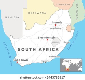 South Africa Political Map with capital Pretoria, Bloemfontein and Cape Town, most important cities with national borders