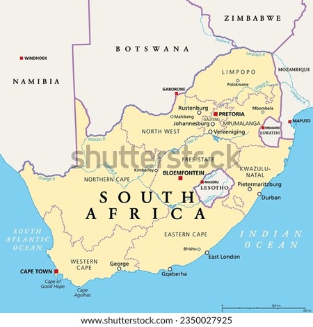 South Africa, political map with provinces, largest cities, international and administrative borders. Republic and southernmost country in Africa, with capitals Pretoria, Cape Town and Bloemfontein.