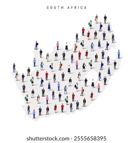 South Africa population map. Large group of realistic a diverse crowd of people figures in a shape of RSA map. Flat vector illustration isolated on white.