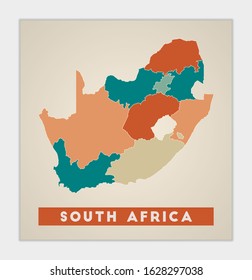 South Africa poster. Map of the country with colorful regions. Shape of South Africa with country name. Appealing vector illustration.