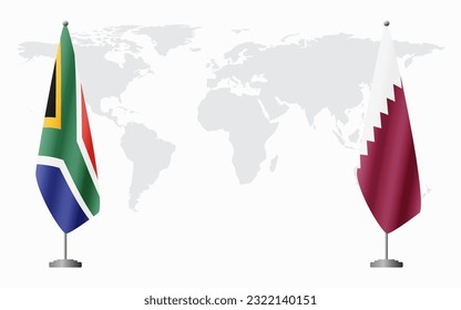 South Africa and Qatar flags for official meeting against background of world map.