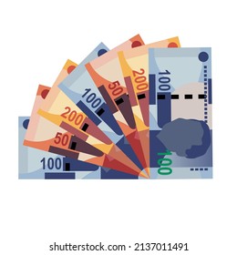 South Africa Rand Vector Illustration. African Money Set Bundle Banknotes. Paper Money 50, 100, 200 Db. Flat Style. Isolated On White Background. Simple Minimal Design.